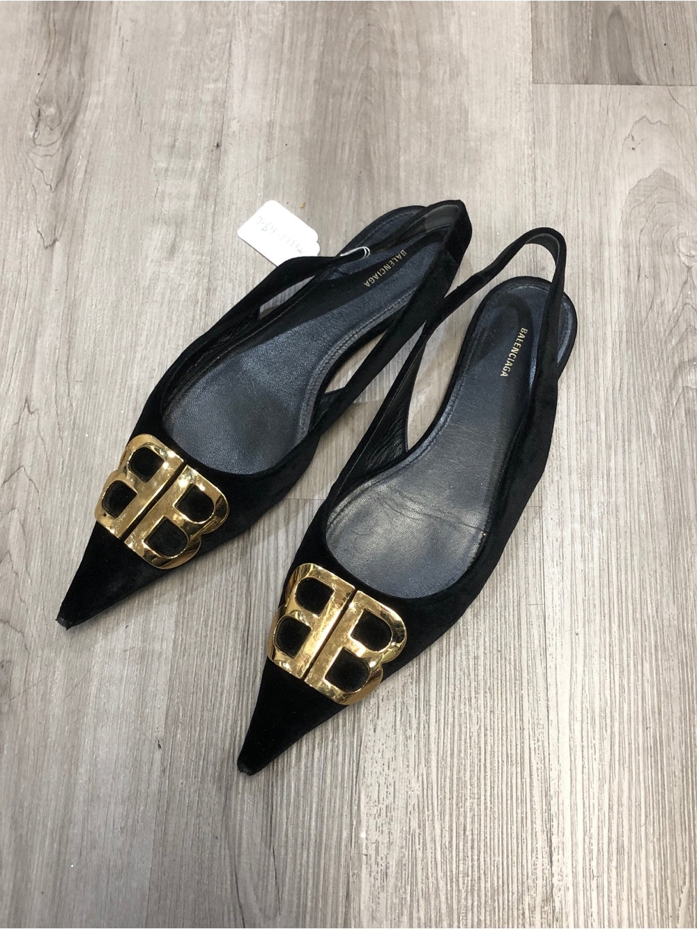 Balenciaga Black Suede Pointed Toe Slingback Flats with Gold BB Emblem